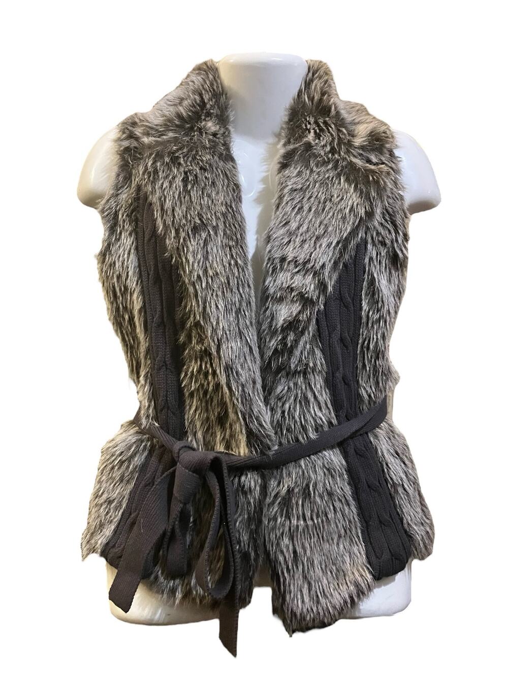 XOXO Women's Brown Faux Fur Cable Knit Sweater Open Front Vest W/ Belt SZ L
